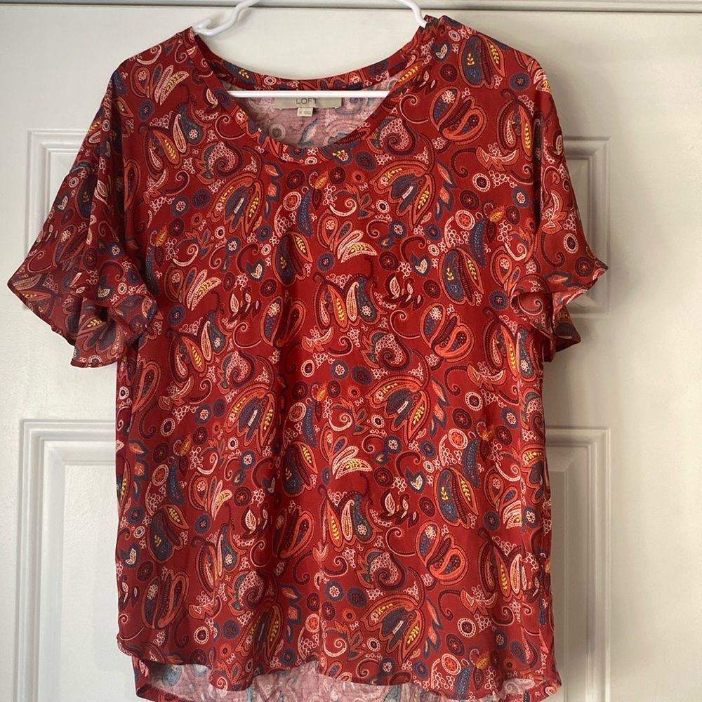 Loft Burnt Orange and Blue Paisley Pattern Crew Neck Top Size Medium